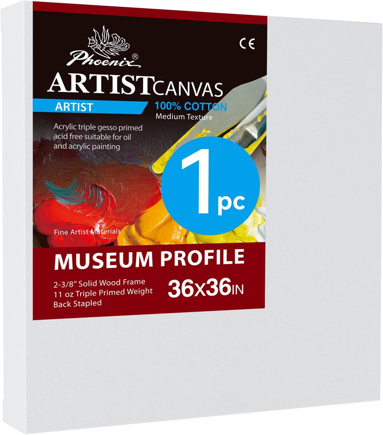 PHOENIX 36x36 Inch Museum Canvas - 2 3/8 Inch Thick Porfile Deep Large Stretched Canvas for Painting 1 Pack 100% Cotton 11 Oz. Gesso Primed White Blank Professional Canvas Oil & Acrylic Paints