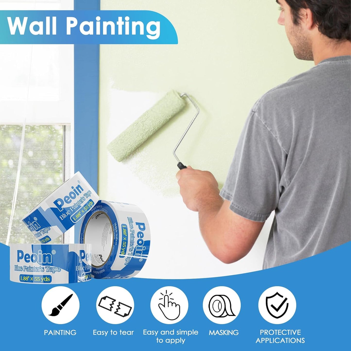 Blue Painters Tape 2 Inch Wide Bulk, 24 Roll Painting Tape Blue Masking Tape for Painting Wall DIY Edge, Paint 1.88 Inch 55 Yards X 24 Rolls 1320 Total Yards