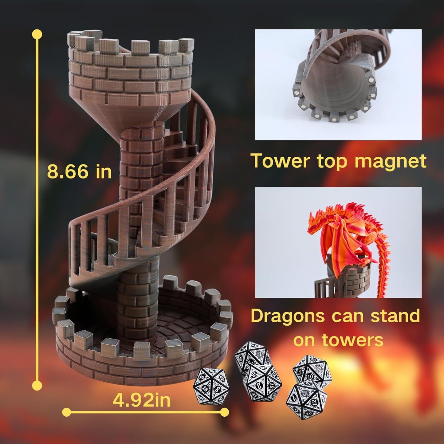 Wyvern Castle Dice Tower (with 5 polyhedral dice and a Dragon) for Table Games, D&D & RPG Games, Perfect Table Decoration and Party Surprise Gifts (Red Gold)
