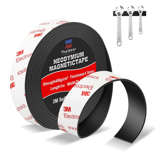 Neodymium Magnetic Tape, Flexible Magnet Tape Strips Roll (1'' Wide x 3.3 ft Long) with Strong 3M Adhesive Backing, Magnetic Strips Heavy Duty Perfect for Wall, DIY, Art Projects & Fridge