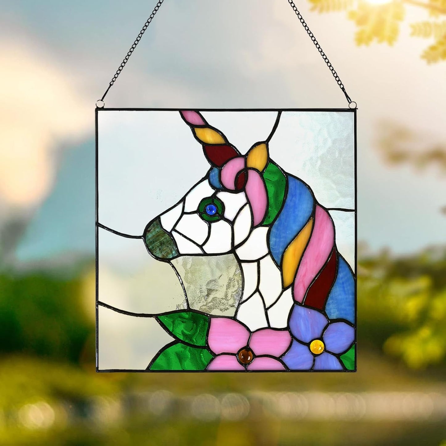 PA0003 Stained Glass Window Panel 12" Wx12 H Window Suncatcher Tiffany Style Window Hanging, Unicorn Home Hanging Decorations for Girls Kids Bedroom Birthday Party Decoration