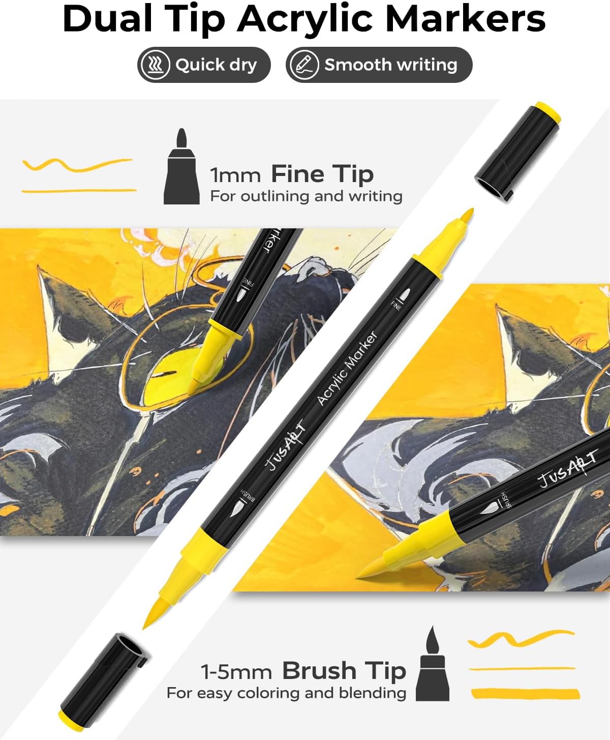 JusArt 24 Colors Dual Tip Acrylic Paint Pens Markers, Brush and Fine Tip, Premium Paint Pens for Wood, Canvas, Egg, Stone, Fabric, Rocks, Metal, Glass, Ceramic, DIY Crafts Making Art Supplies Gifts