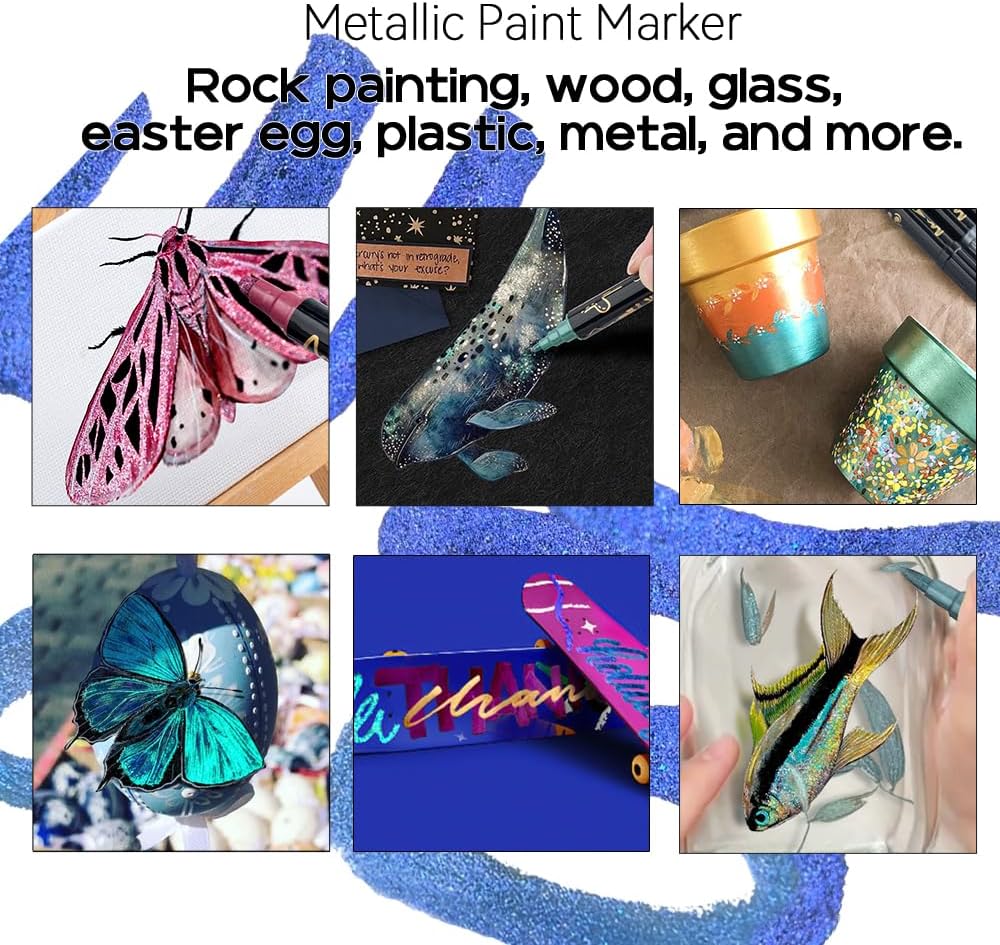 TRANSON 12Colors Metallic Paint Markers Bold and Fine Dual-tip for Rock Wood Ceramic Canvas DIY Painting Drawing