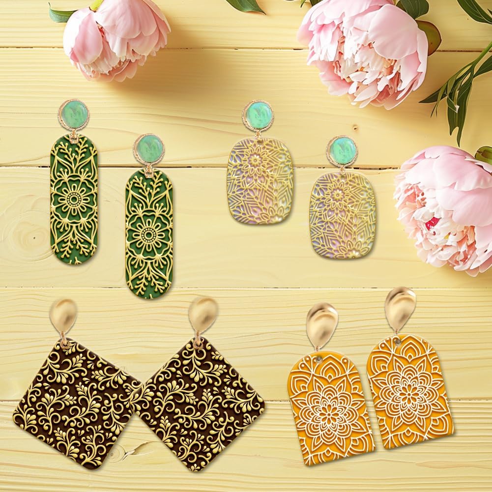 4PCS Polymer Clay Texture Sheets Set for Using with Clay Cutters Boho Clay Mat Effect as Texture Roller DIY Craft Tools Earing Jewelry Making