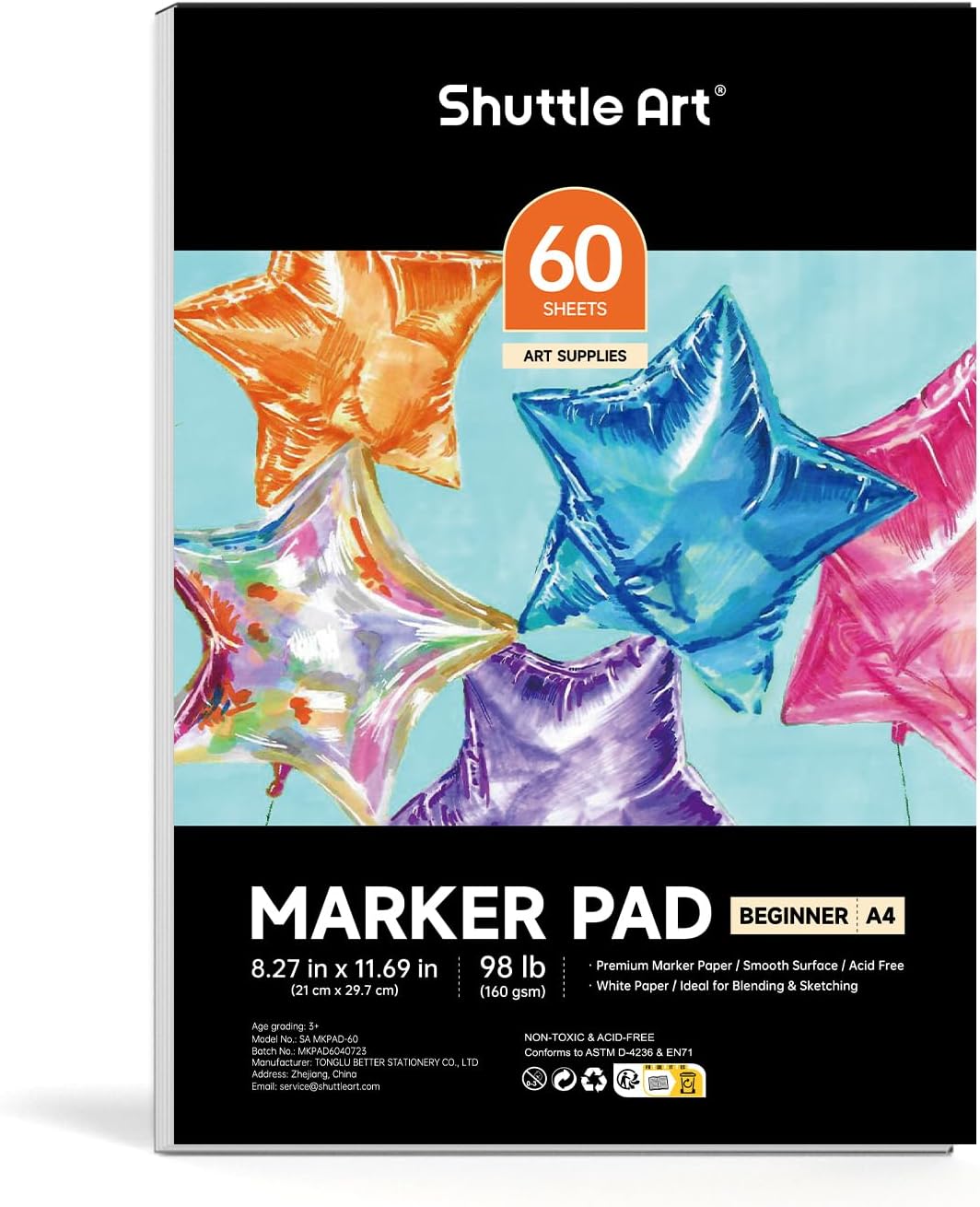 Shuttle Art Marker Pad,11.69”x8.27” Portable A4 Sketchbook, 60 Sheets Drawing Paper, 98LB/160GSM Smooth Surface Bleedproof Art Paper, Glue-Bound, Great for Beginners to Draw, Paint & Sketch