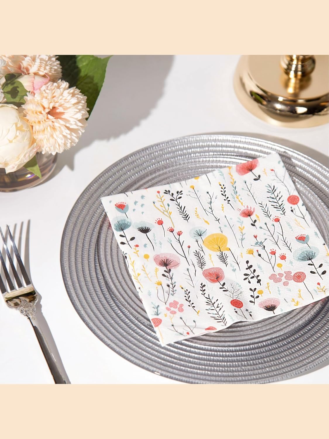 20 pcs Premium Designer Paper Napkins, 3-Ply 6.5x6.5-inches Disposable Decorative Fall Paper Guest Floral White Napkin for Wedding Birthday Anniversary Lunch Dinner Party Baby Shower