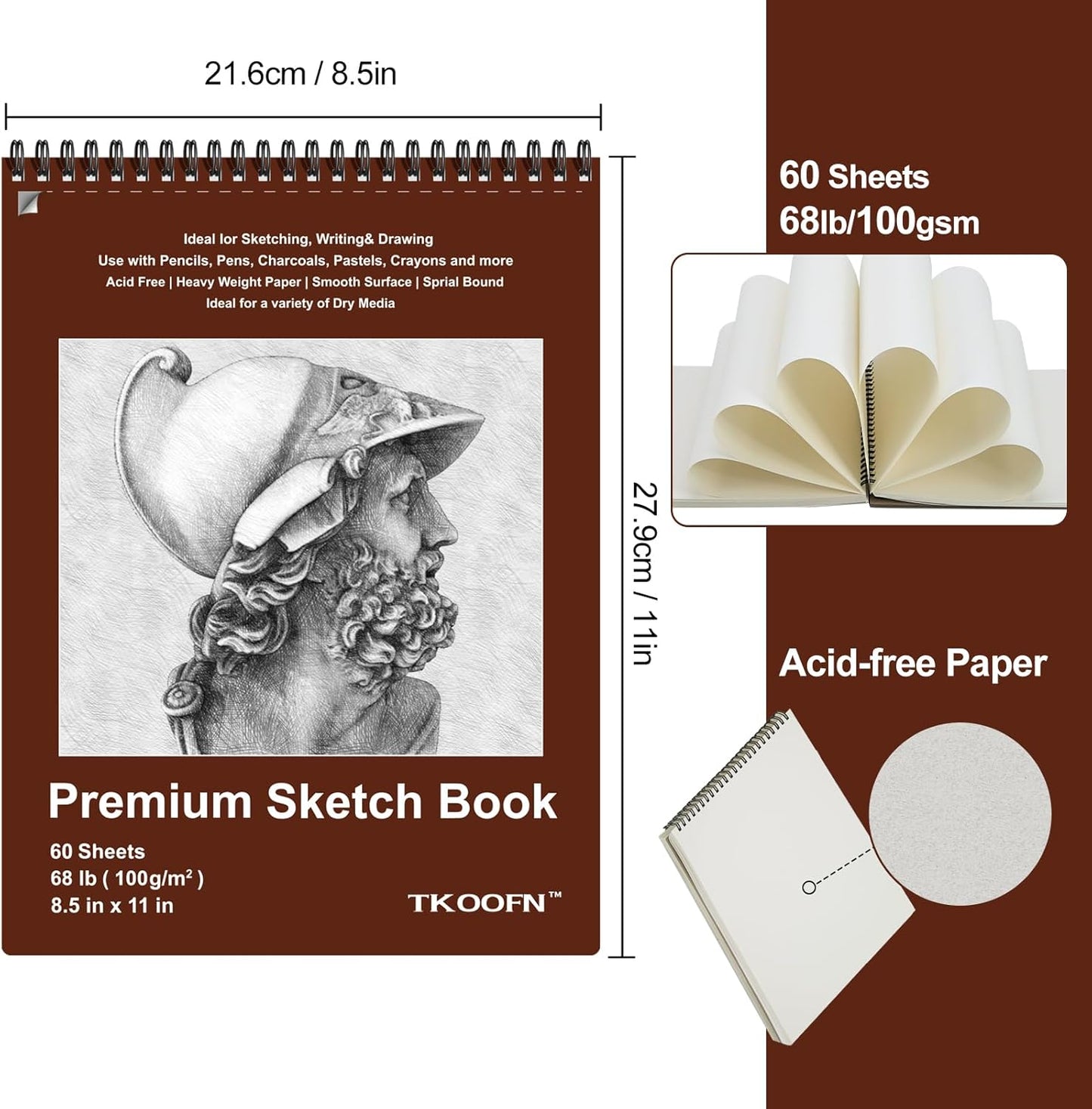 TKOOFN 8.5" x 11" Sketch Book, Pack of 5, 300 Sheet Top Spiral Bound Premium Sketchbook Drawing Pads(68lb/100gsm), Acid-Free Painting Paper for Adults Kids Artists Beginners