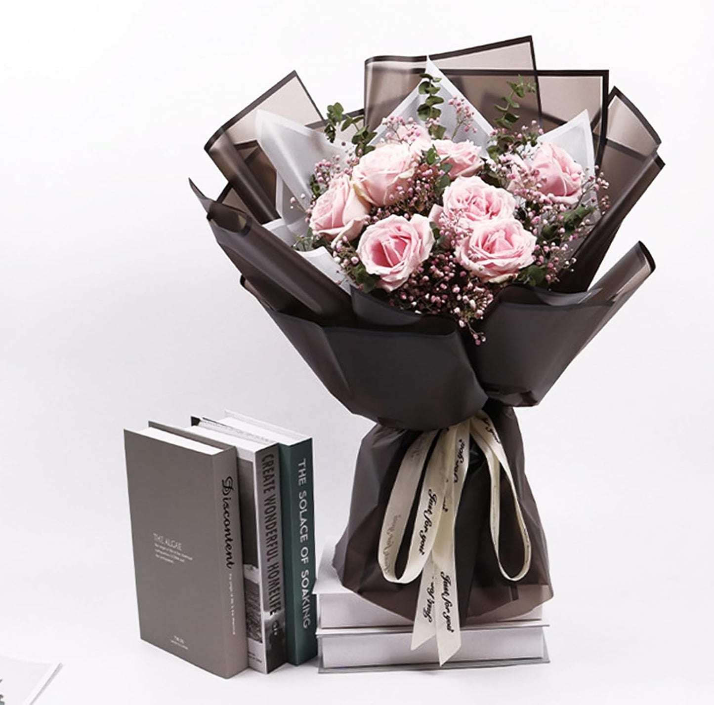 FUHITIM 20 Sheets Flower Wrapping Paper - Waterproof Black Floral Wrapping Paper for DIY Crafts, Florist Supplies Packaging for Wedding Valentine's Day Birthday Gift