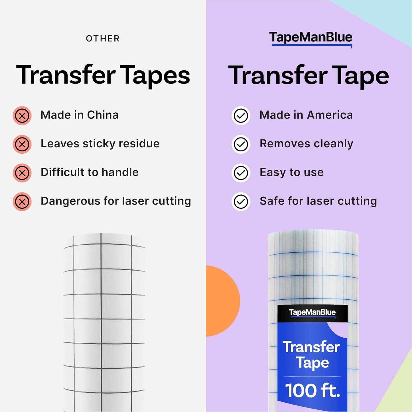 6" x 100' Roll of Clear Transfer Tape for Vinyl, Made in America, Vinyl Transfer Tape with Alignment Grid for Crafts, Decals, and Letters