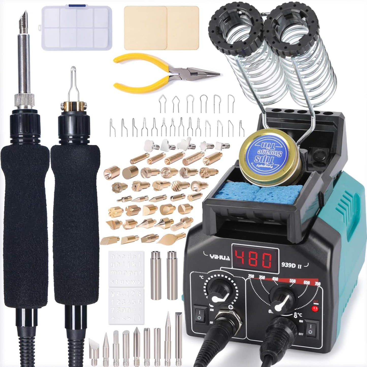 YIHUA 939D-II Pyrography Pen Wood Burning Kit Station 2-in-1 Solid-Point 200~480°C (with Temp Display)/Wire-Nib 250~750°C with 20 Nibs, Solid Points, 1 Stable Pen Holder, 2 Scrap Wood (Green)