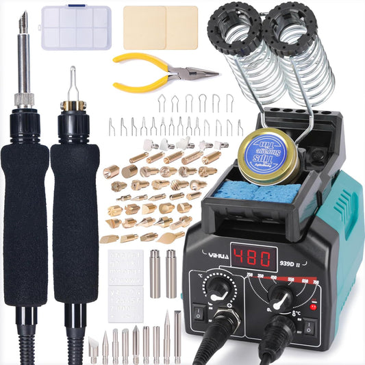 YIHUA 939D-II Pyrography Pen Wood Burning Kit Station 2-in-1 Solid-Point 200~480°C (with Temp Display)/Wire-Nib 250~750°C with 20 Nibs, Solid Points, 1 Stable Pen Holder, 2 Scrap Wood (Green)