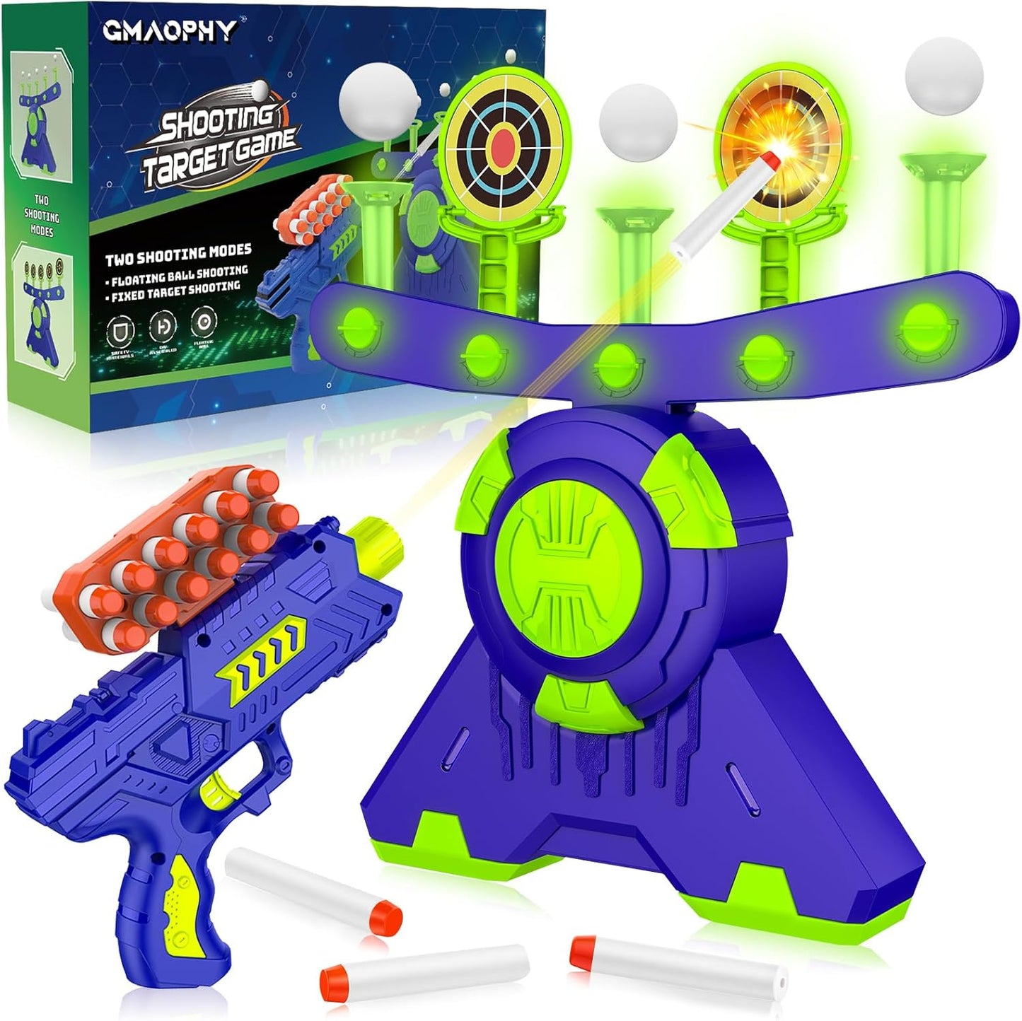GMAOPHY Shooting Games Toy Gift for Age 5, 6, 7, 8, 9, 10+ Years Old Kids, Glow in The Dark Boy Gift Floating Ball Targets with Foam Dart Toy Blaster, 10 Balls 5 Targets