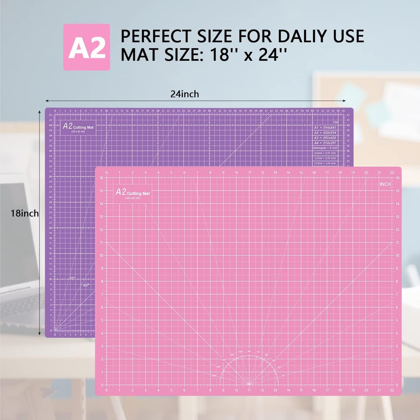 HEADLEY TOOLS 18"x24" Thickened Self Healing Cutting Mat, A2 Rotary Cutting Sewing Mat for Crafts, Double Sided 5-Ply Table Cutting Board for Fabric Quilting Patchwork Arts Hobby Project, Pink/Purple