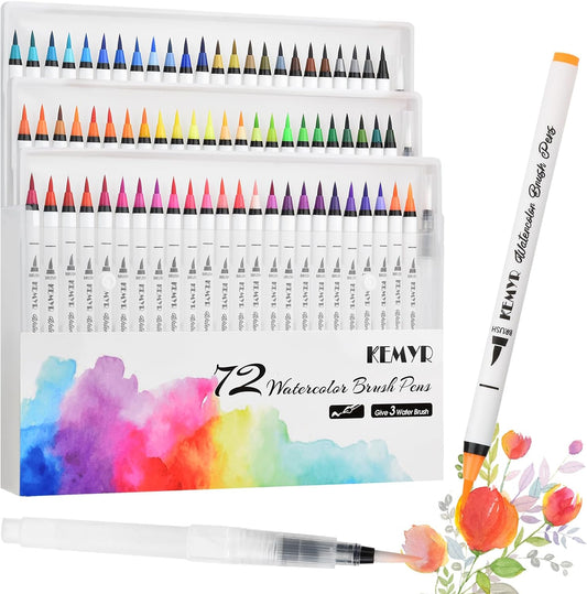 Watercolor Brush Pens,72 Colors Brush Tip Pens for Watercolor Painting, 3 Aquapen Blending Brush,Watercolor Markers for Artists and Beginner Painters Coloring Books, Calligraphy,Manga