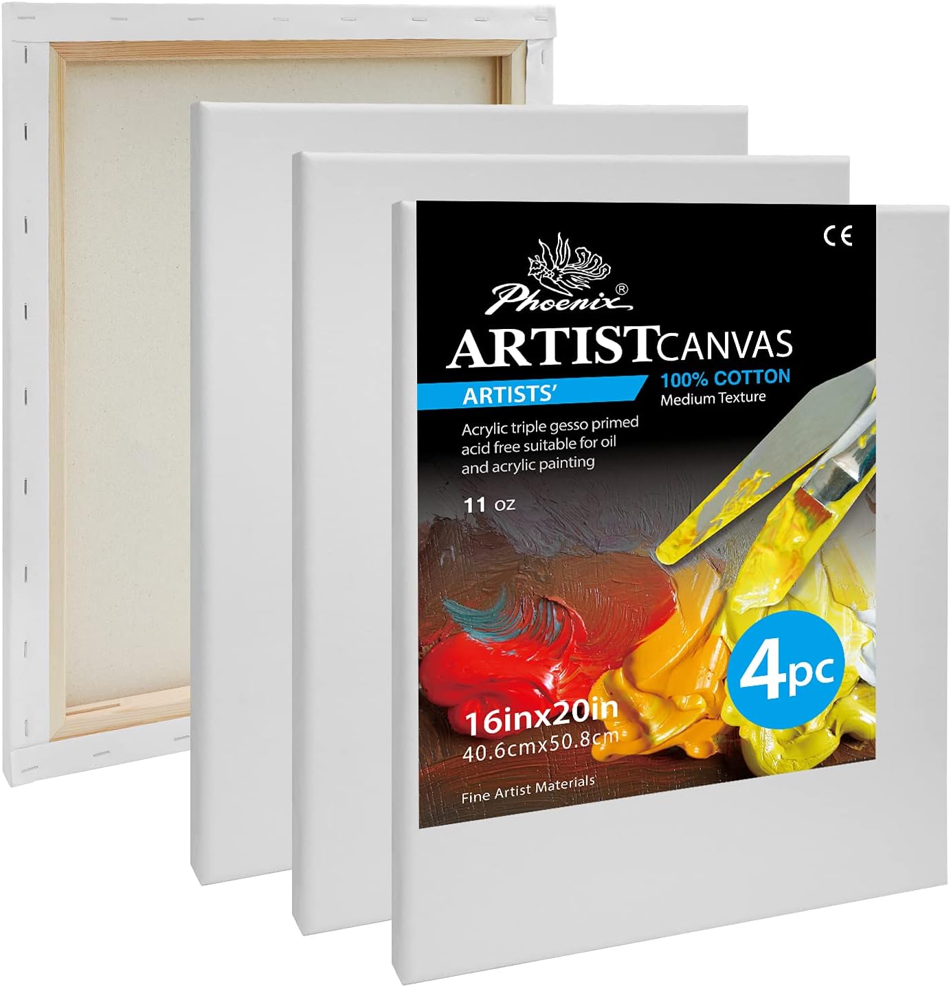 PHOENIX Professional Stretched Canvas for Painting - 16x20 Inch/4 Pack 3/4 Inch Profile, 100% Cotton 11 Oz. Heavy Duty Gesso Triple Primed White Blank Artist Canvases for Oil & Acrylic Paints