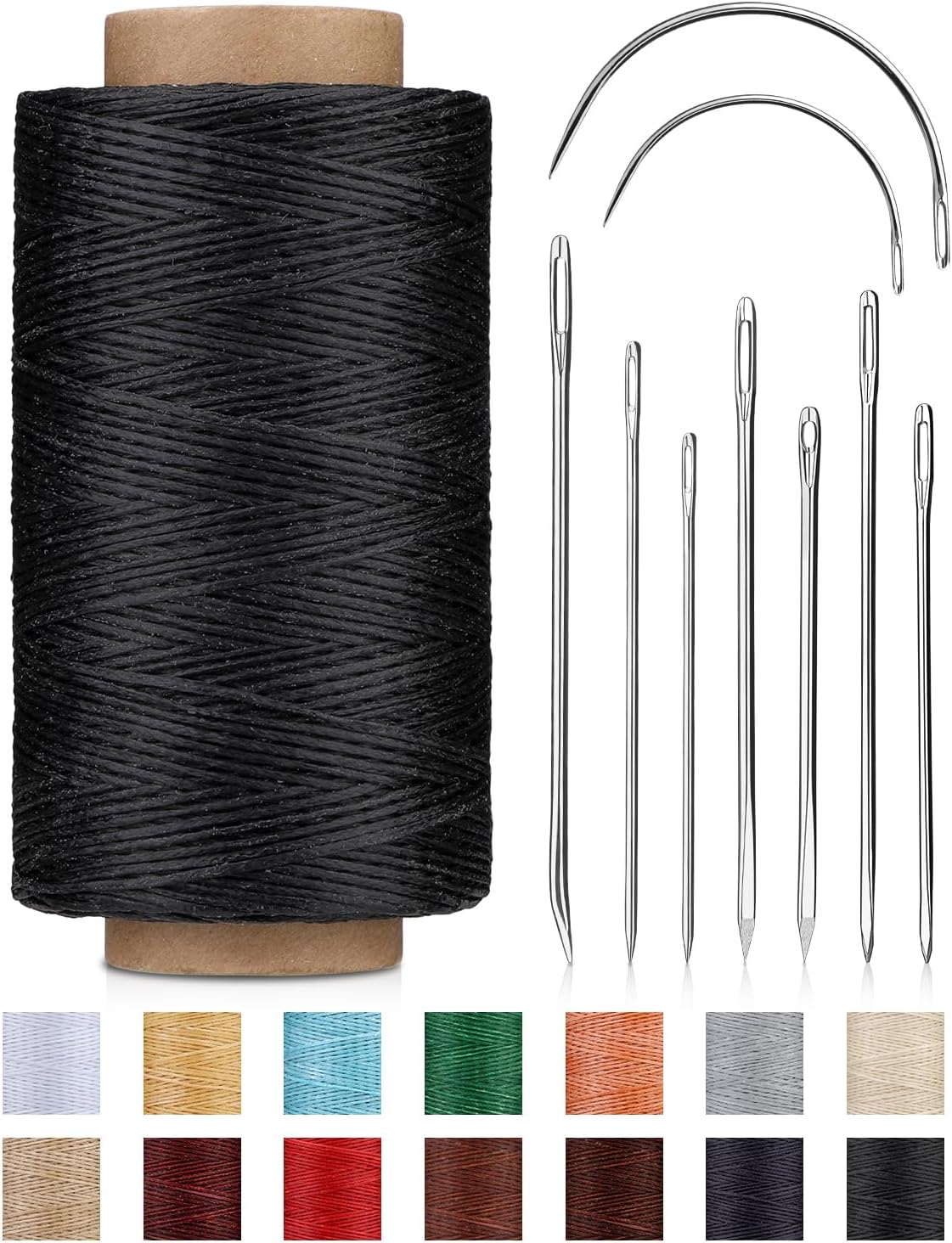 DIUDUS 218 Yards Waxed Thread, Leather Sewing Waxed Thread with Heavy Duty Sewing Needles, Leather Thread for Hand Stitching Leathercraft Repair Furniture Shoes Bags Sofa (Black)