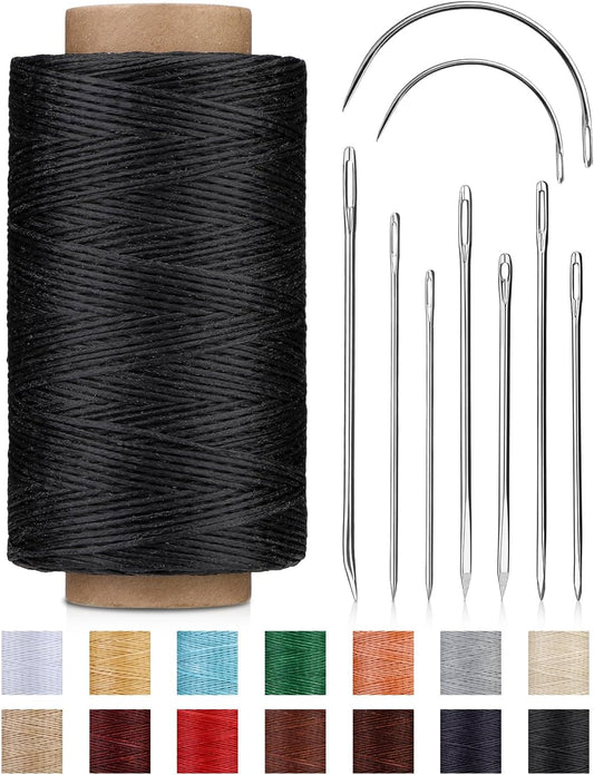 DIUDUS 218 Yards Waxed Thread, Leather Sewing Waxed Thread with Heavy Duty Sewing Needles, Leather Thread for Hand Stitching Leathercraft Repair Furniture Shoes Bags Sofa (Black)
