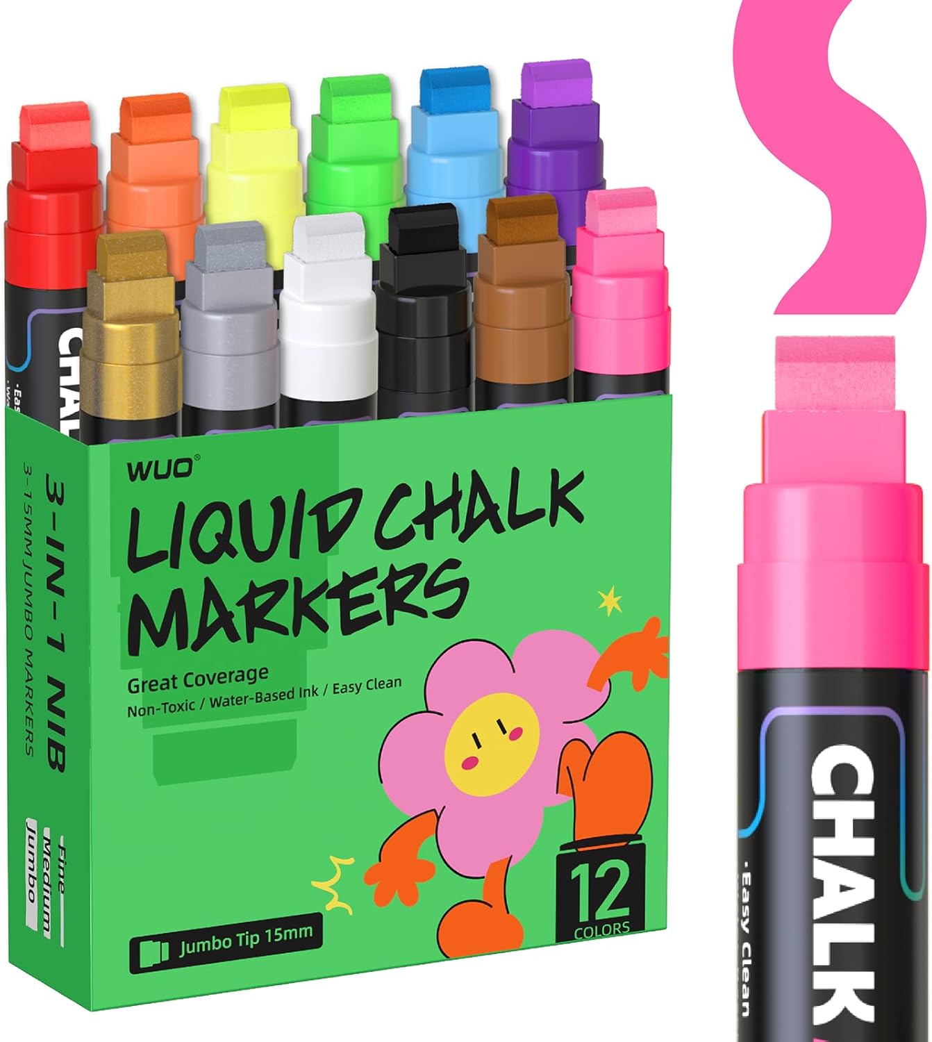 WUO Window Chalk Markers,12 Colors Car Markers,15mm 3-In-1 Jumbo Wide Nib, Dust-Free & Non-Toxic - Erasable Blackboards Marker For Rock Painting, Poster, Stone, Ceramic, Glass