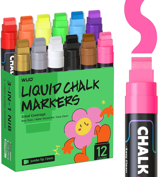 WUO Window Chalk Markers,12 Colors Car Markers,15mm 3-In-1 Jumbo Wide Nib, Dust-Free & Non-Toxic - Erasable Blackboards Marker For Rock Painting, Poster, Stone, Ceramic, Glass