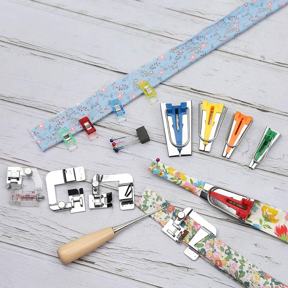 LUNARM Bias Tape Tool Kit with Instruction, 5 Sizes Bias Tape Maker (6mm 9mm 12mm 18mm 25mm) with 4 Pcs Sewing Machine Presser Foot, Sewing Clips, Ball Point Pins, Awl, for Fabric Sewing and Quilting