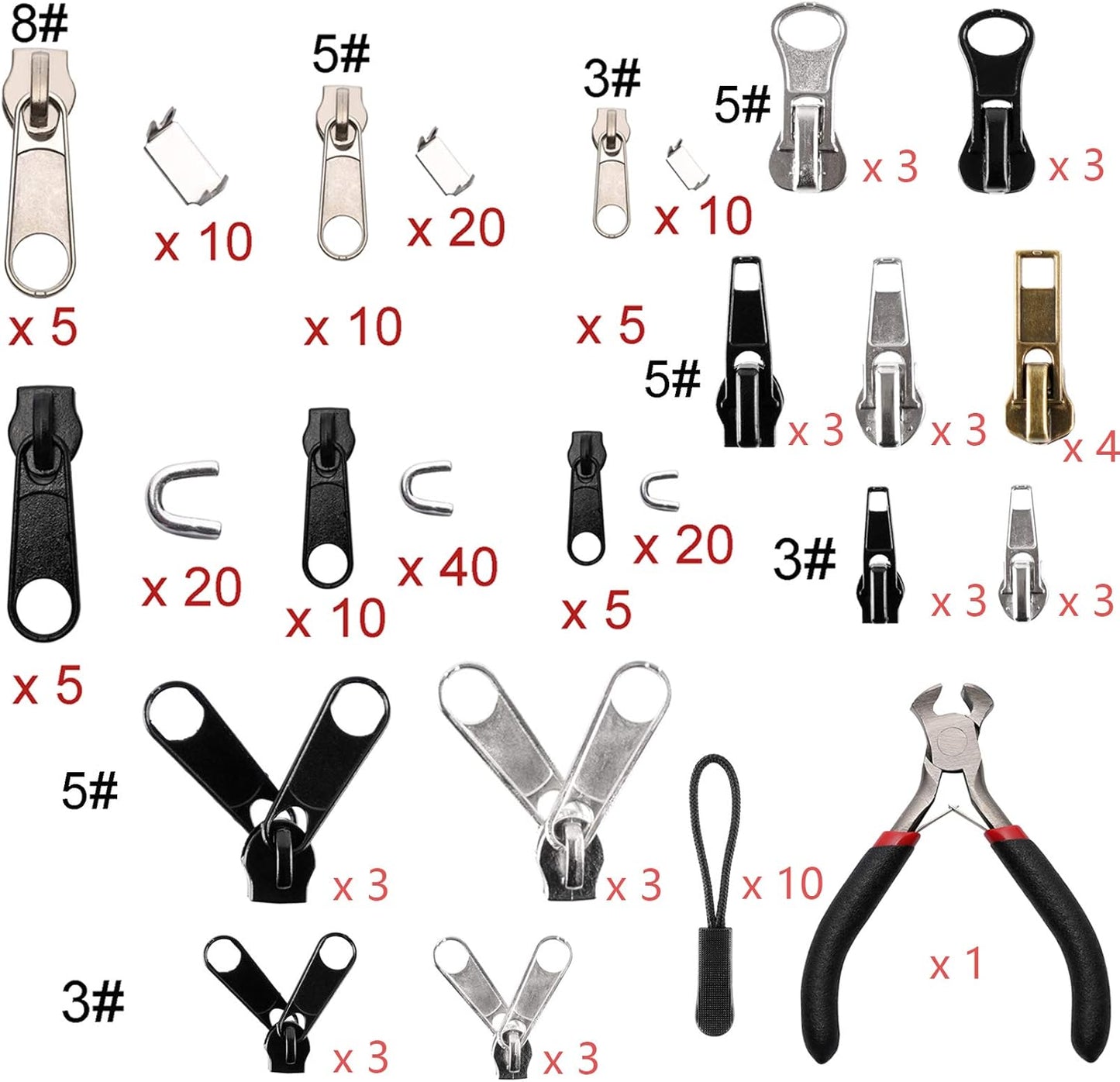 Maosifang 205-Piece Zipper Repair Kit with Zipper Install Pliers, Pull Tabs for Clothing, Bags, Jackets, Luggage, Backpacks, Purses - Black and Silver