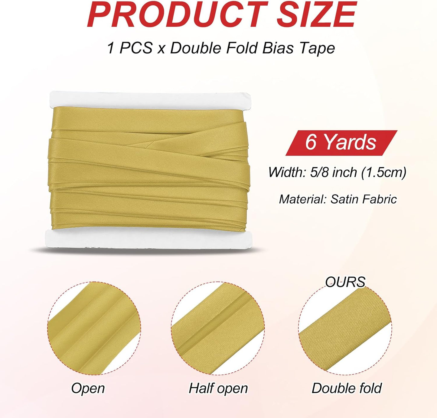 MECCANIXITY Double Fold Bias Tape for Sewing 5/8 Inch x 6 Yards Satin Pre-fold Continuous Binding Tape for Seaming Quilting Hemming Binding DIY Crafts, Gold Tone