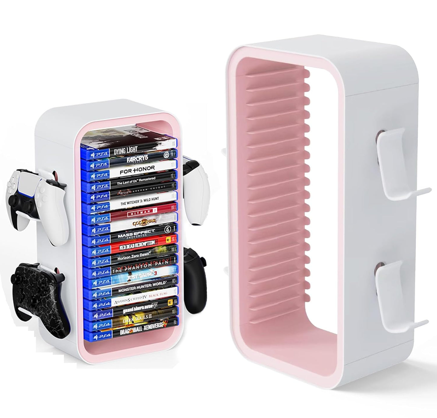 wigmoa OYO-1 15.8INCH Game Storage Tower Compatible with PS5/ Xbox Series S & X/Switch, Universal Video Discs Organizer 18 PCS with 4 Controller Holder, Game Disk Box Stand (White/Pink)