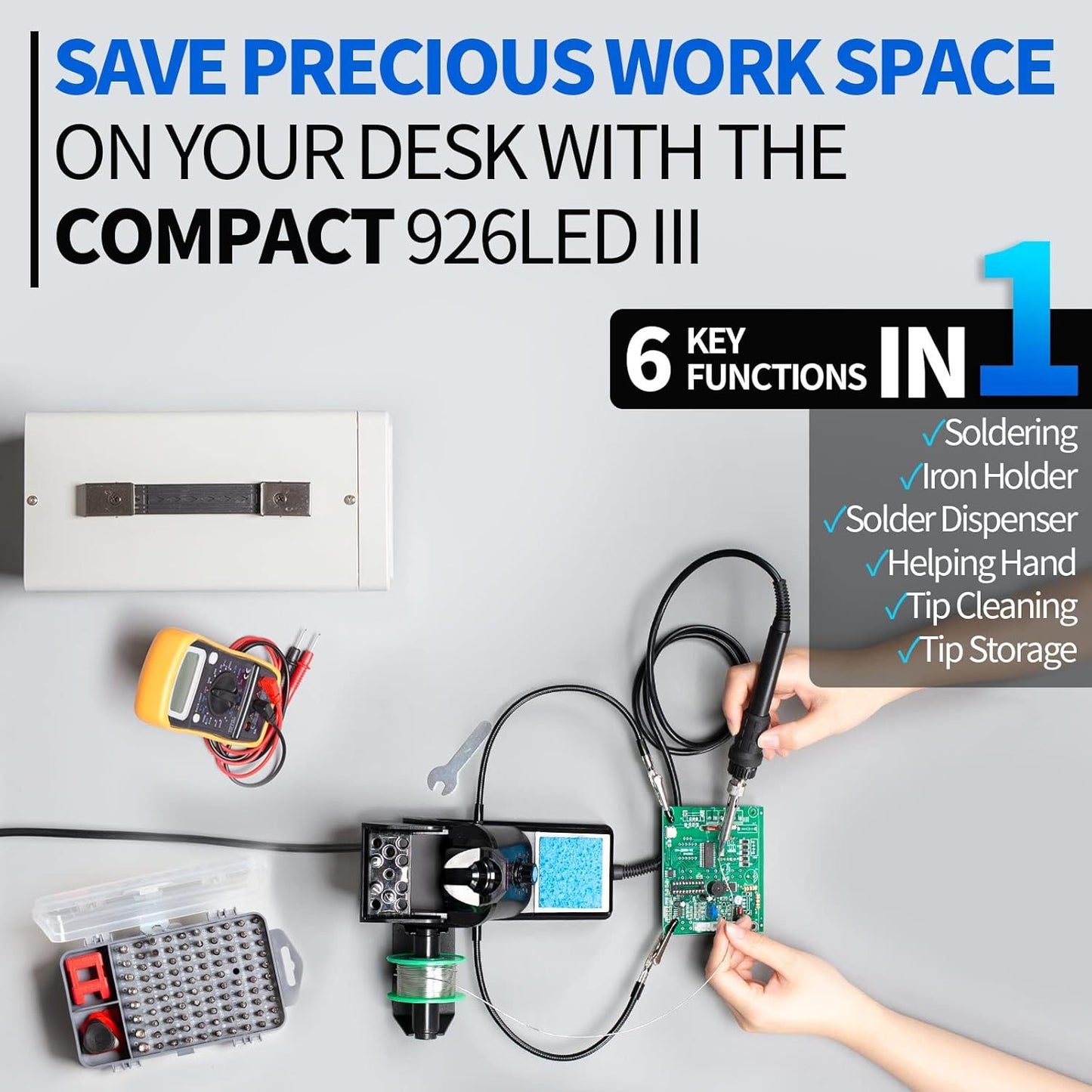 YIHUA 926 III 60W Digital Display Soldering Iron Station Kit w 2 Helping Hands, 6 Extra Iron Tips, Lead-Free Solder, Solder Sucker, S/S Tweezers, °C/ºF Conversion, Auto Sleep & Calibration Support