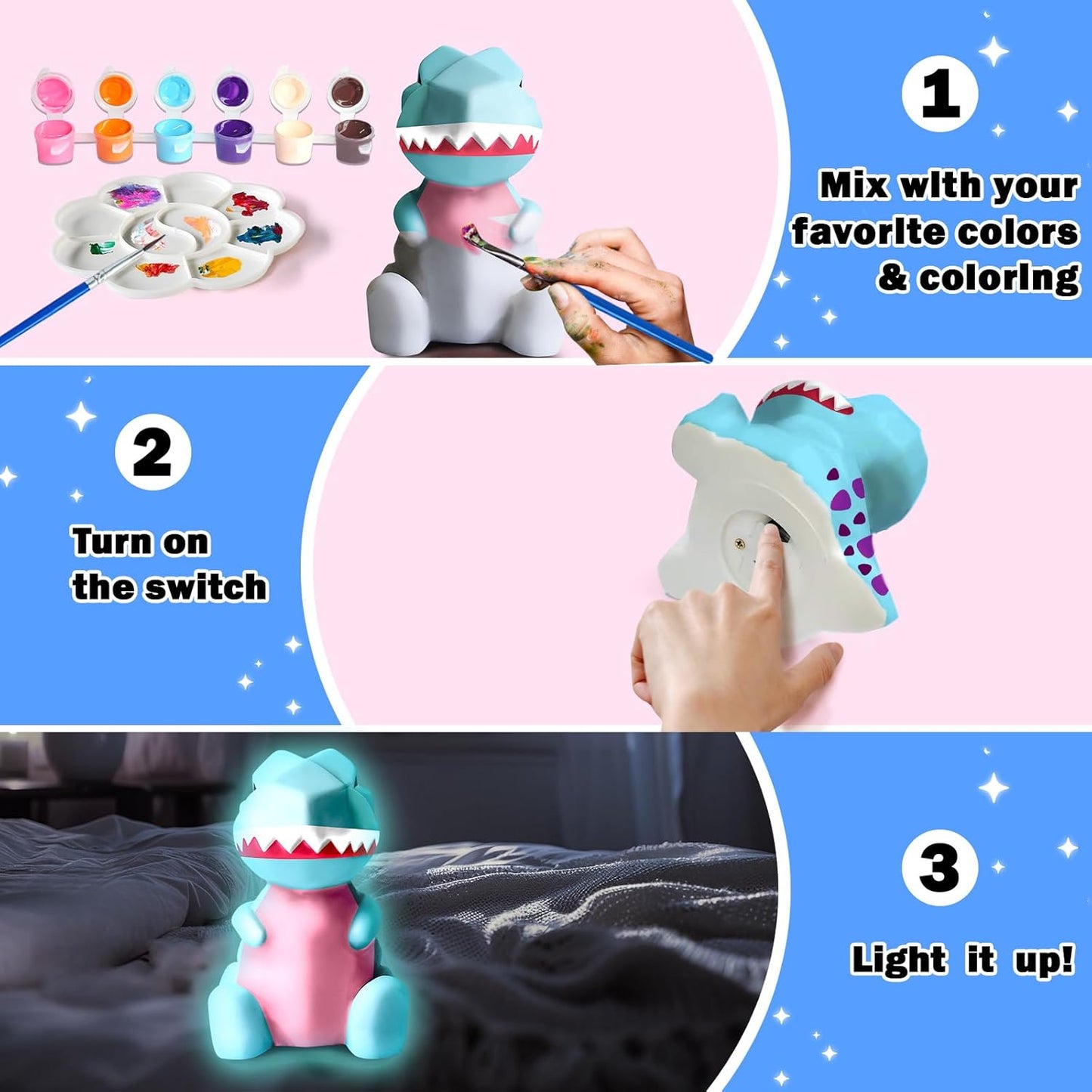 FUNZBO 4.3in Paint Your Own Dinosaur Lamp Kit - Halloweens Arts and Crafts Supplies Painting Kit for Kids Teens, DIY Night Light Dinosaur Toys for Boys Girls 3 4 5 6 7 8 9 10 11 12 13 Birthday Gifts