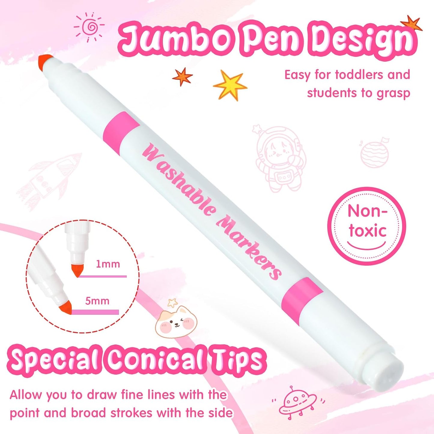 18 Pcs Line Washable Markers Bulk Pink Fine Tip Markers Set Coloring Thin Tip Drawing Washable Pen for Kids Art School Classroom Back to School Gender Reveal Party Supplies, Ages 6+