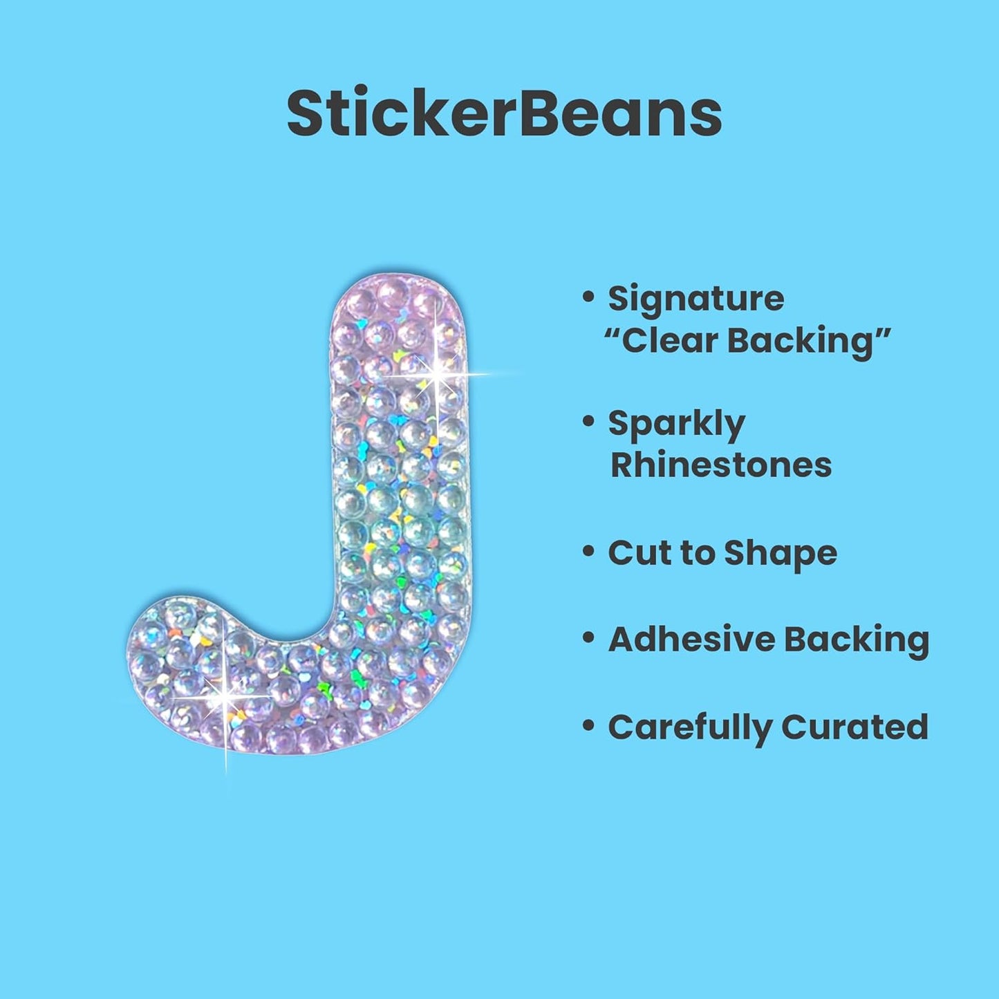 StickerBeans® Rhinestone Alphabet Letter Sticker J - Unique Sparkly Design 2” x 2” Cut-to-Shape Adhesive - Personalization, Collecting, Gifting, Scrapbooking, Decorating Laptops, Phone Cases, All Ages