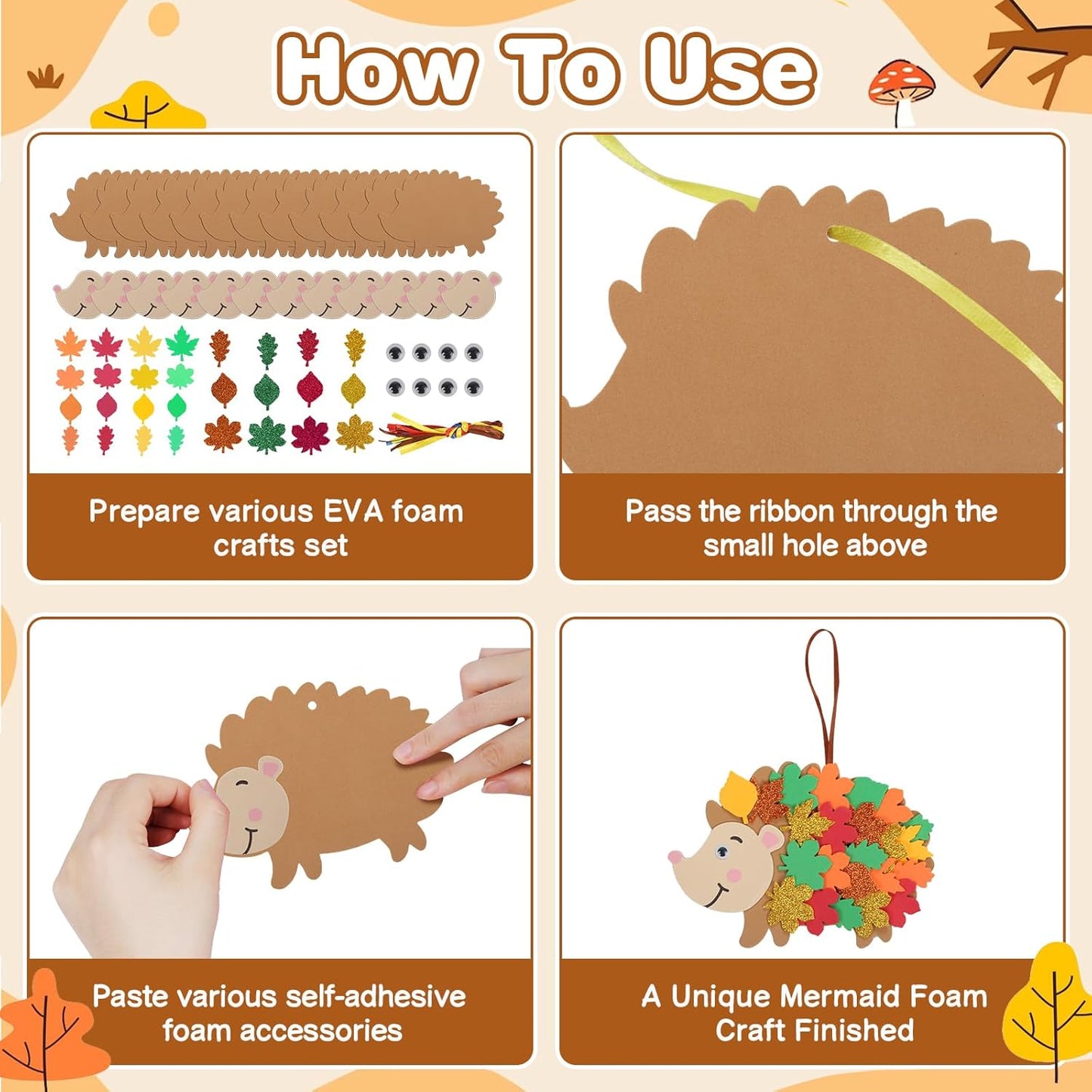 Fennoral 12 Pack Hedgehog Crafts for Kids Make You Hedgehog Foam Stickers DIY Autumn Art and Craft for Boys Girls Party Supply Art Activities Birthday Gifts Fall Thanksgiving Decoration