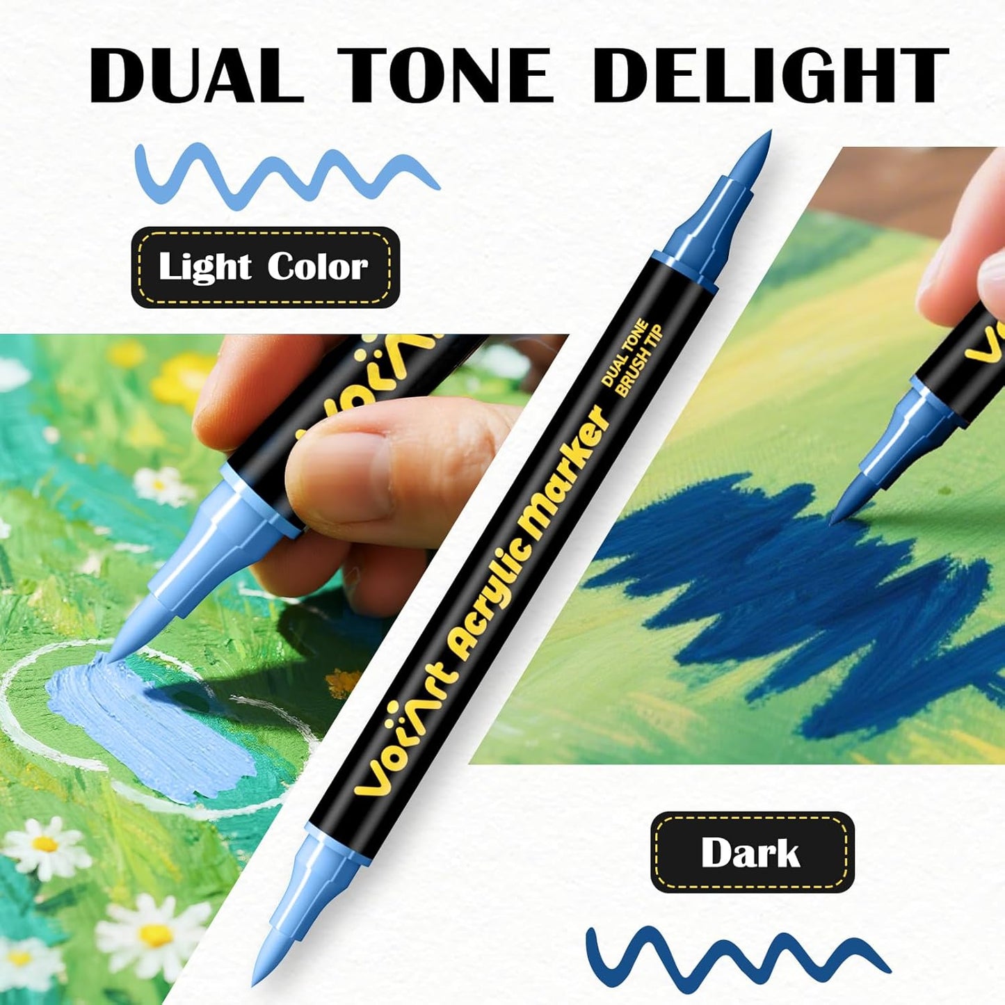 VOKART 60 Colors Acrylic Paint Markers - 30 Dual Brush Tip Paint Pens Including 2 Metallic Colors for Rock, Canvas, Fabric, Wood, Glass, Ceramic - Art Supplies for Artists, Kids, DIY & Holiday Decor