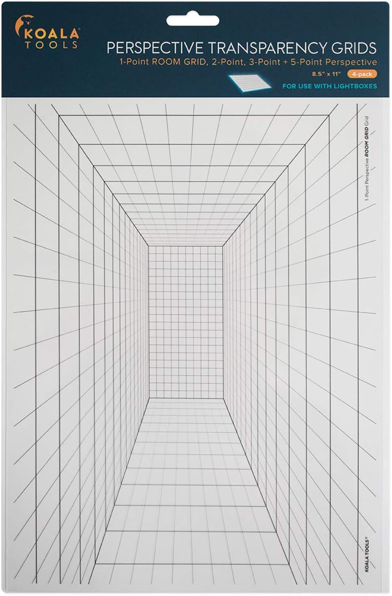 Koala Tools | Perspective Grid Transparency Sheets (Variety Pack of 4) - 8.5" x 11" | Overhead Projector and Light Box Transparencies - Tracing Film for Sketching & Drawing