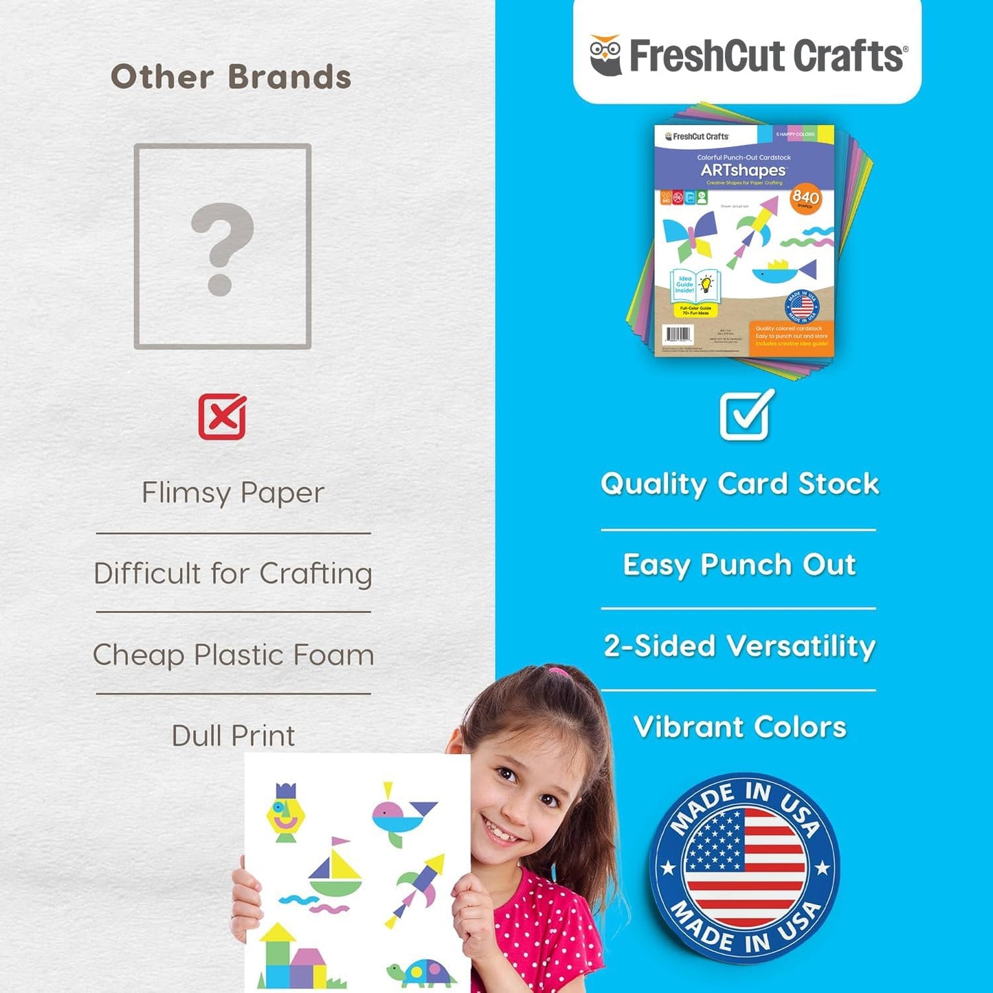 ARTshapes 840 pc Creative Paper Shapes Pack with 70+ Idea Guide - US Made Card Stock - Punch Out Funky DIY Craft Supplies for Whimsical Art Designs, Paper Crafts, and Pattern Play 5 Happy Colors