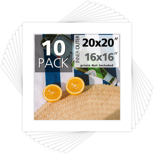Mat Board Center, Pack of 10, 20x20 for 16x16 White Photo Picture Mats - Acid Free, 4-ply Thickness, White Core - for Pictures, Photos, Framing