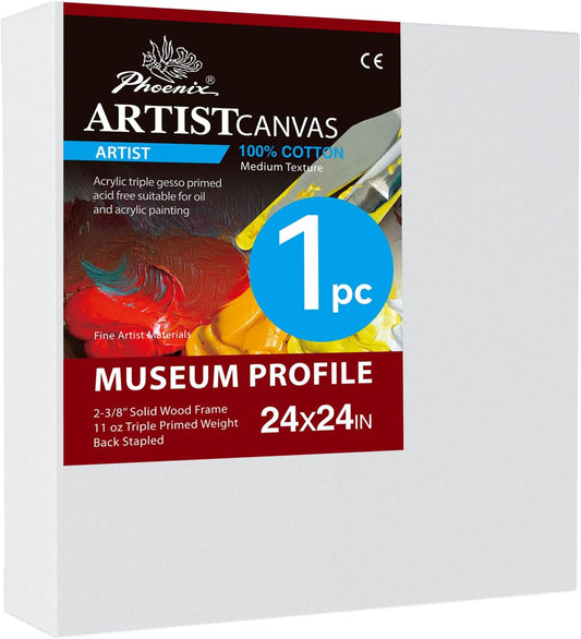 PHOENIX 24x24 Inch Museum Canvas - 2 3/8 Inch Thick Porfile Deep Large Stretched Canvas for Painting 1 Pack 100% Cotton 11 Oz. Gesso Primed White Blank Professional Canvas Oil & Acrylic Paints