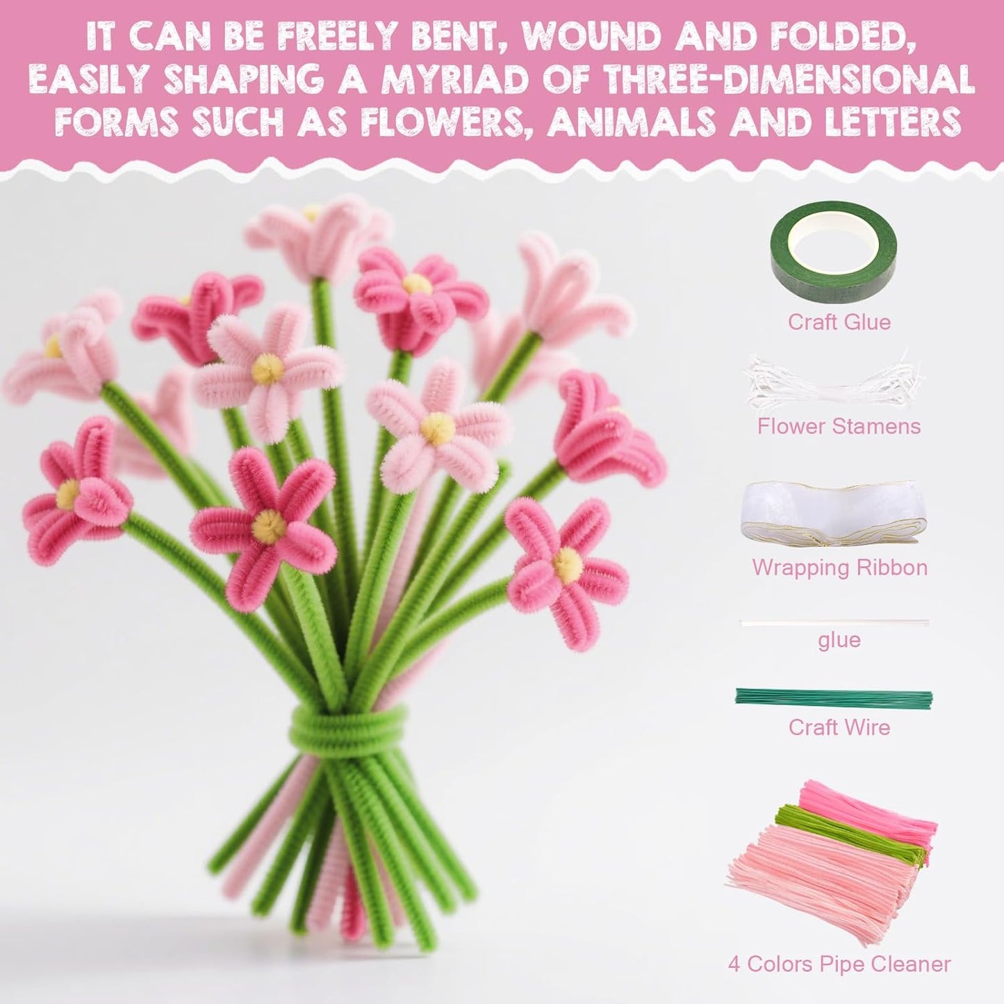 Rarapop 400 Pcs Pipe Cleaners Bulk Chenille Stems for DIY, 4 Assorted Colors Flower Making Kit with Floral Wires, Gardening Tape,Stamen and Ribbon for Art and Craft Projects