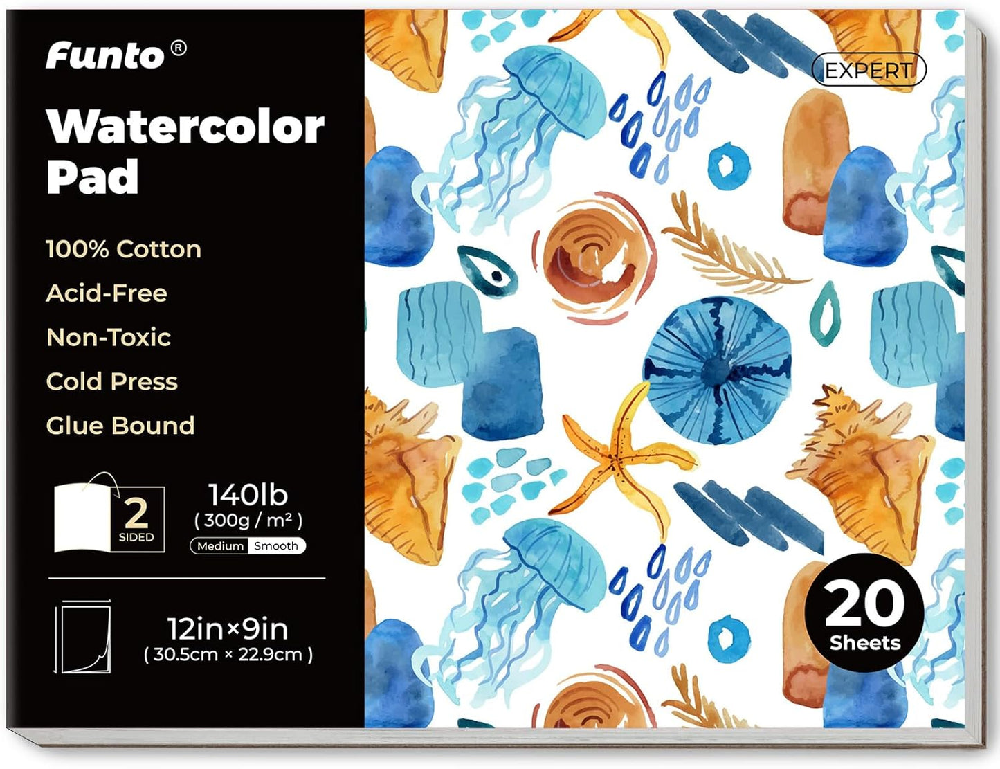 Funto Watercolor Pad, 12×9", 20 Sheets, 140lb/300gsm, 100% Cotton, Cold Press, Glue Bound, Double-Sided, Easy Tear Heavyweight Art Paper for Painting