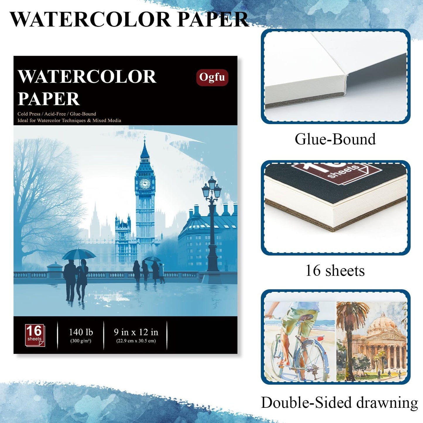 Watercolor Paper Pad, Watercolor Pad 9x12”, 300 GSM/ 140 lb Water Color Paper, 16 Sheets Cold Press - Painting, Drawing & Art Supplies for Adults & Kids, Watercolor Sketchbook for Wet & Dry Media.