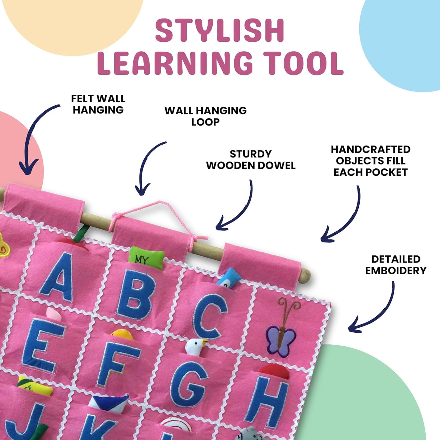 Pockets of Learning Pink ABC Felt Wall Hanging Chart - Early Education Alphabet Fabric Wall Décor for Children's Room | Engaging Educational Learning Art for Kids with Fabric Objects in Pocket