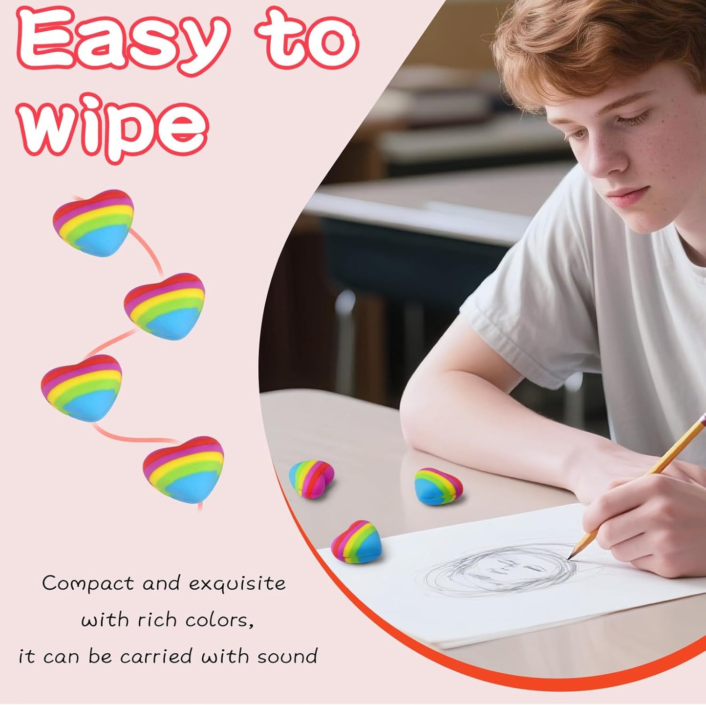 AmoreAngel Crafts 16 Pcs Heart Shaped Erasers，Pencil Erasers，Easy to Hold Rainbow Colorful Eraser，Pink Erasers,Back to School Supplies，Office Use