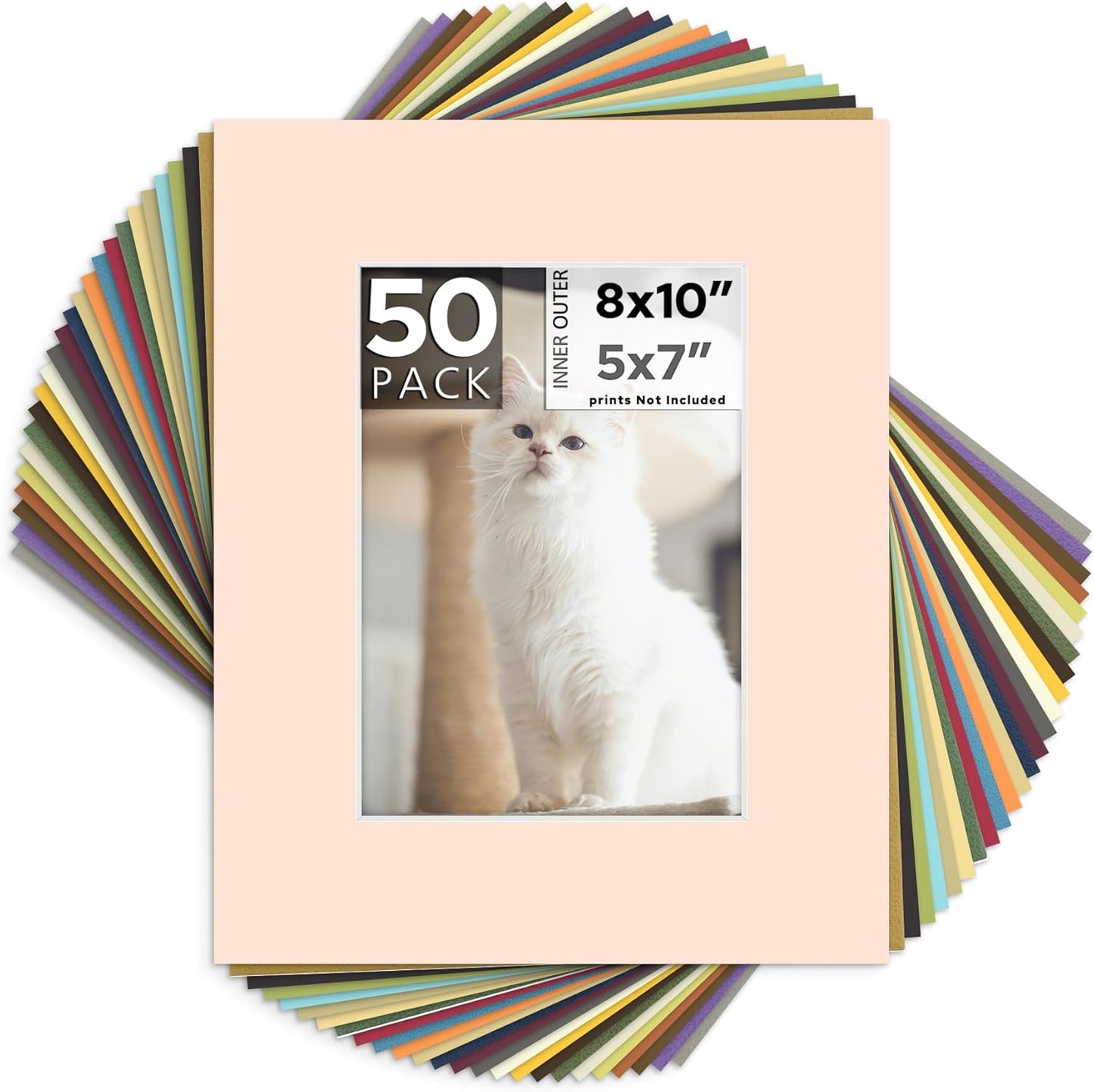 Mat Board Center, Pack of 50, 8x10 for 5x7 Mixed Color Mats - Acid Free, 4-ply Thickness, White Core - for Pictures, Photos, Framing