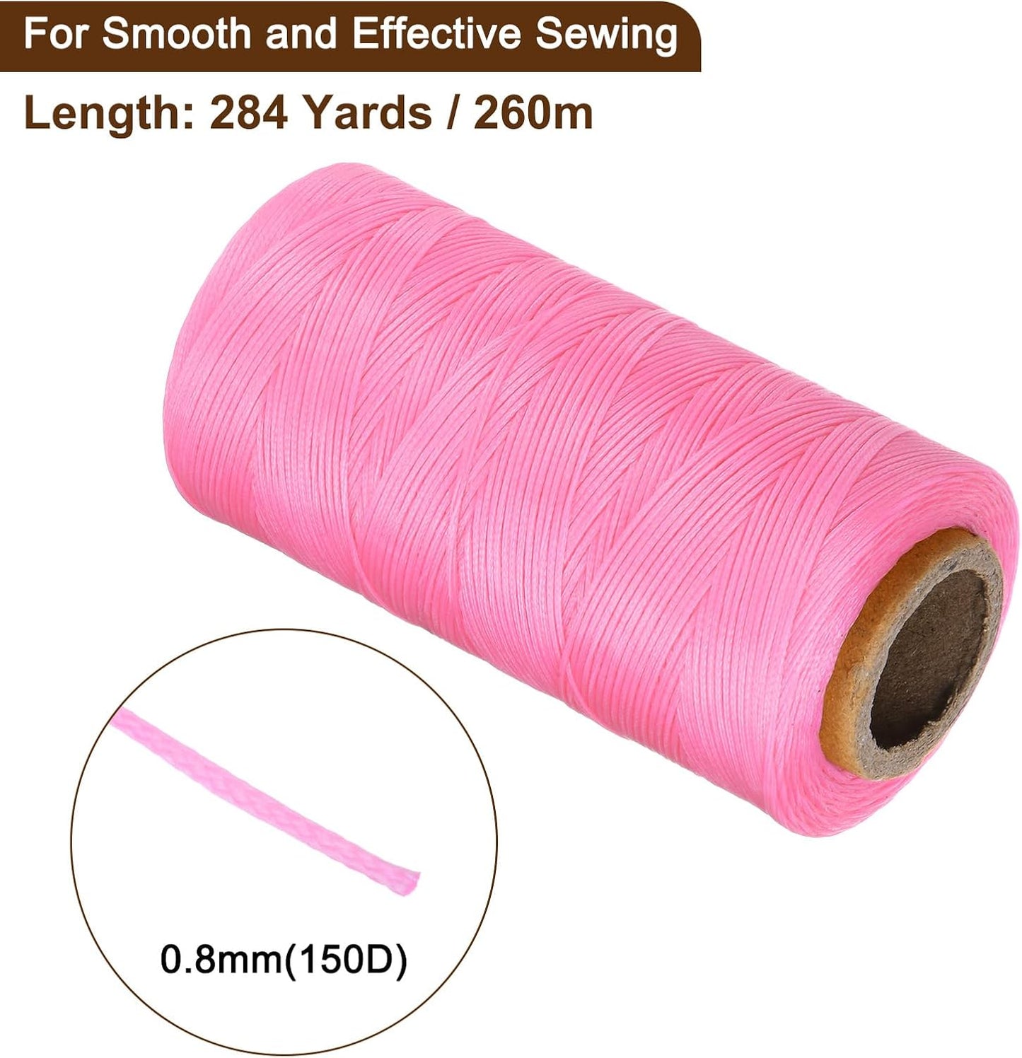 uxcell Leather Sewing Waxed Thread, 284 Yards / 260m 0.8mm 150D Flat Polyester All-Purpose Threads for Leather Crafts, Bookbinding, Cherry Blossom Pink