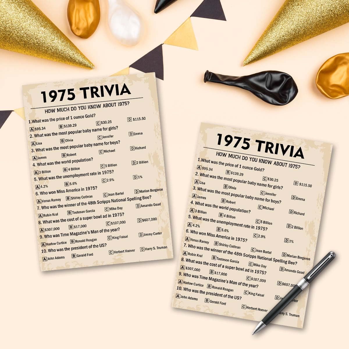 50th Birthday Party Games, 1975 Trivia Games, Birthday Party Supplies for Adults, Fun 1975s Party Game，Pack of 30 Cards