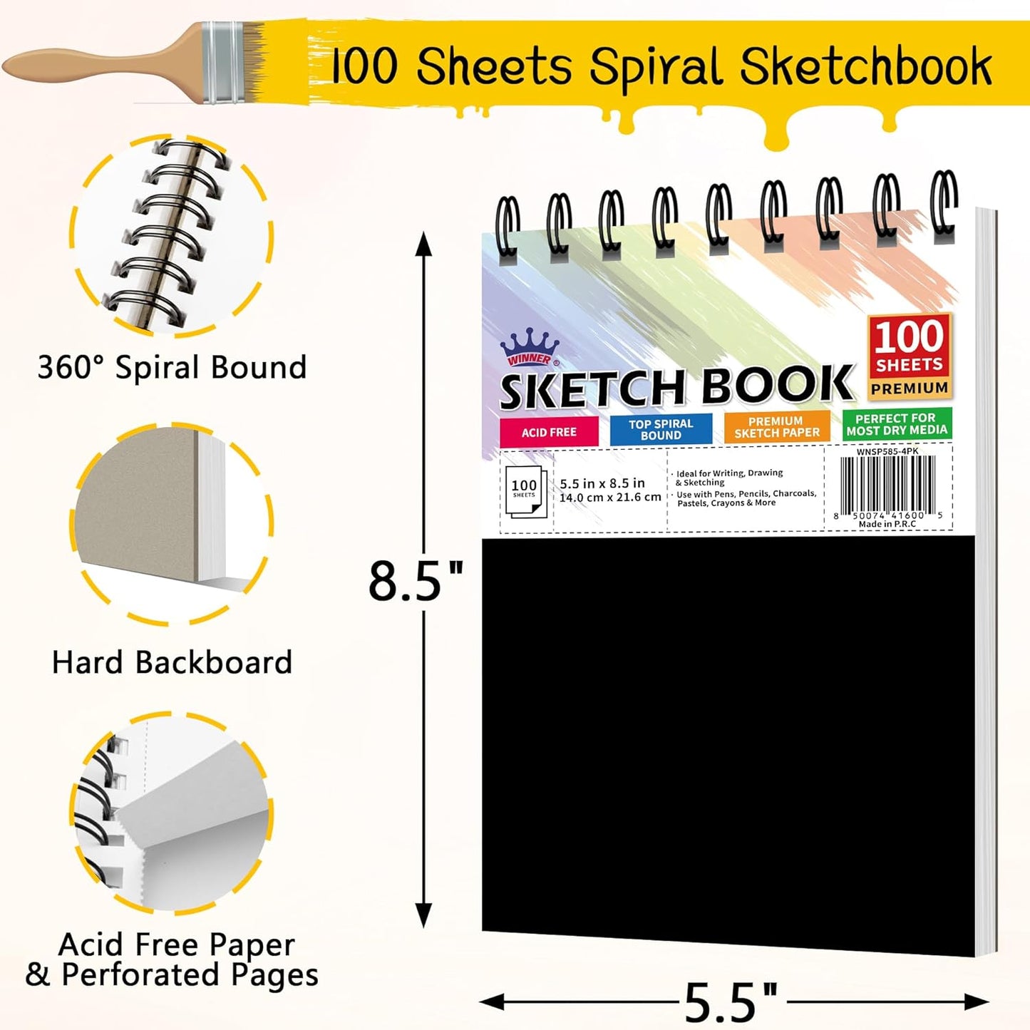 WINNER 5.5" x 8.5" Sketch Book, 4-Pack 400 Sheets Spiral Bound Art Sketchbook, 68lb/100gsm White Acid Free Drawing Pad, Painting Drawing Writing Sketch Pad for Kids, Adults, Teens, Girls & Boys