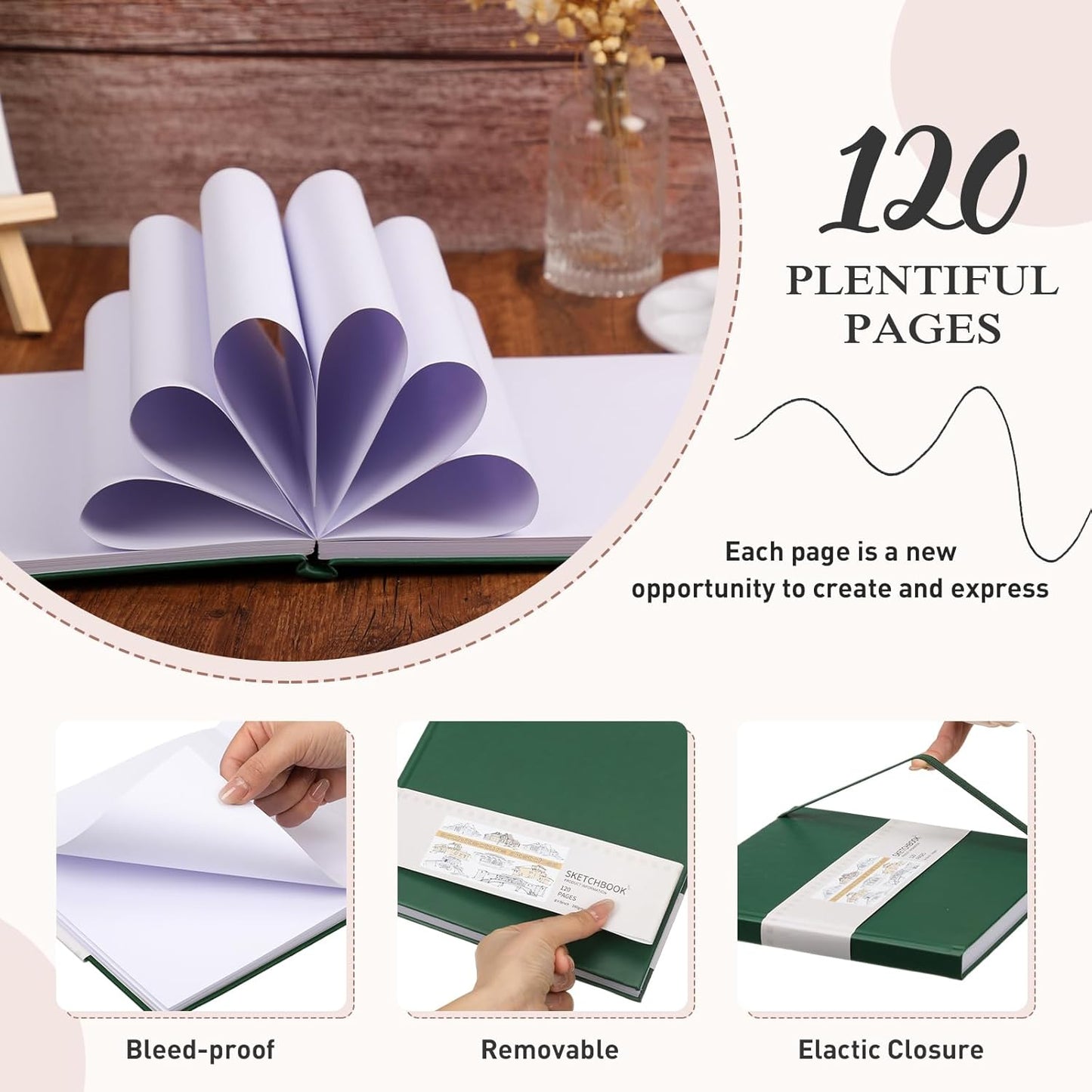 Moinchore Back to School Gifts Square Sketchbook 8 x 8 Inch Hardcover Art Sketch Book Drawing Papers 120 Pages, Mixed Media Journal Notebook with Elastic Closure Sketchbook for Drawing(Green)