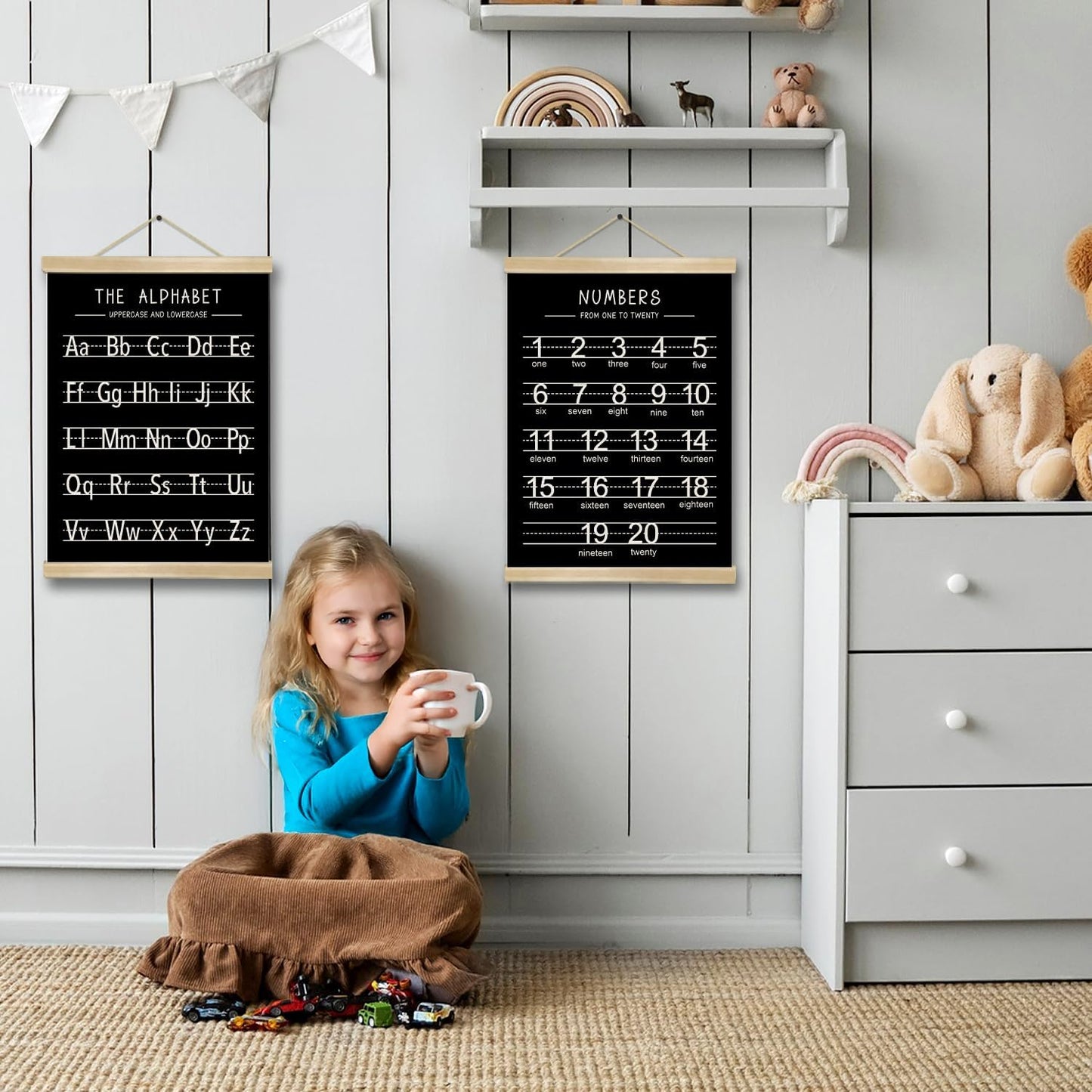 Alphabet and Numbers Wall Chart Set of 2,Kids Educational Posters,ABC and 1-20 Number Learning Banners for Toddlers, Preschool Classroom, Nursery, Playroom Decor14 x 18.5 In(Black and white)