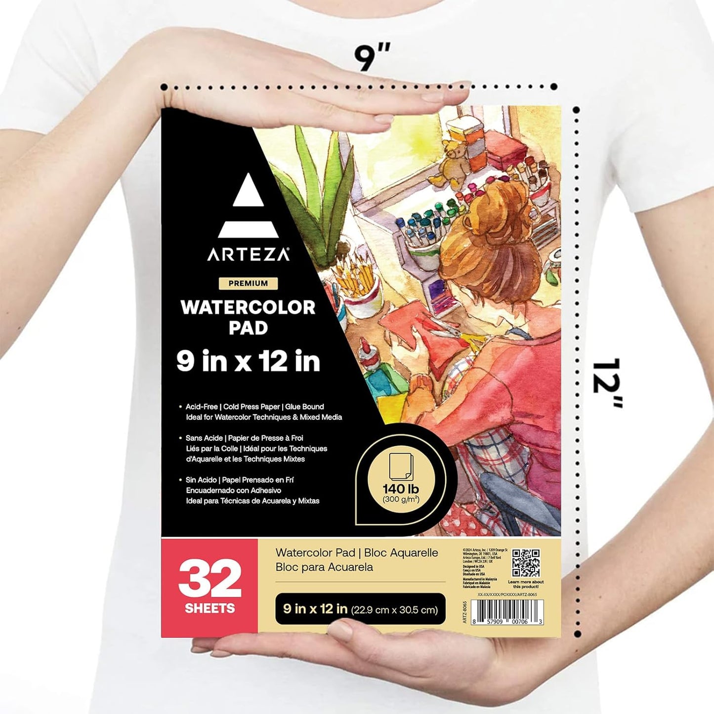 ARTEZA Watercolor Paper, 32 Sheets Each, 9x12 Inch Water Color Paper, 140lb/300gsm, Cold Press, Acid Free Art Paper