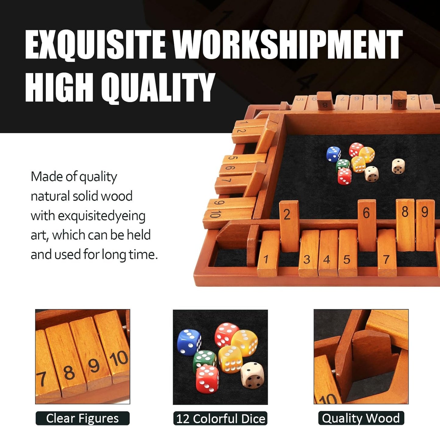 Upgraded 1-4 Players Shut The Box Dice Game, Wooden Board Table Family Game for Kids and Adults with 12 Dice, Classic Tabletop Math Game for Pub Classroom Party, Gift for Christmas Birthday